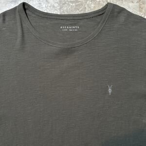 All Saints Shirt Mens Large Green Tan Short Sleeve Crew Ribbed Cotton Ramskull